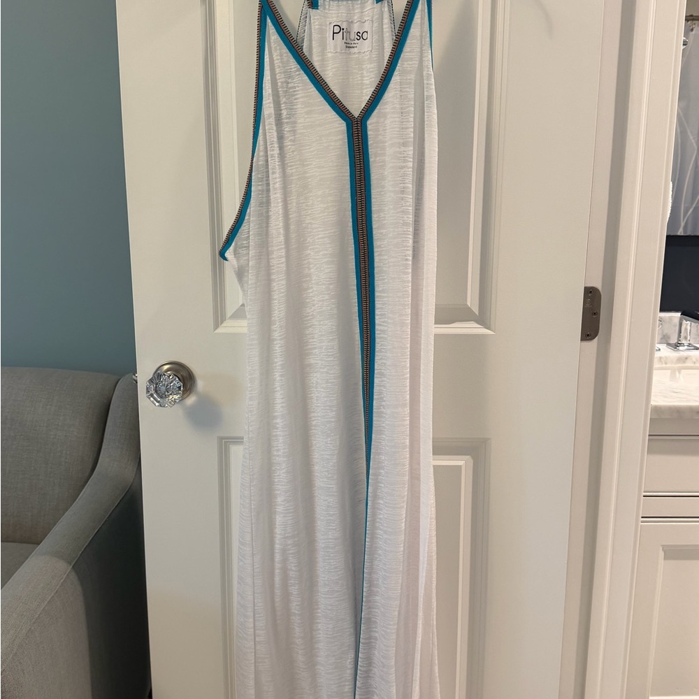 Pitusa White Sleeveless Dress/Cover-up with Turquoise Trim